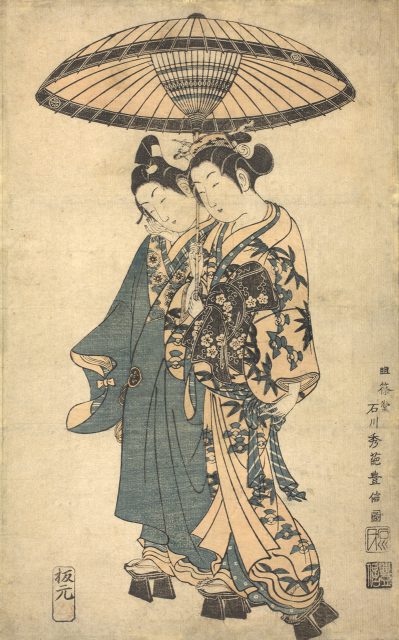 石川豊信 《佐野川市松と瀬川菊之丞の相合傘》  大判紅摺絵 宝暦期（1751-64