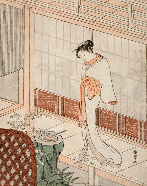 鈴木春信 《縁先美人（見立無間の鐘）》  中判錦絵 明和4年（1767）頃